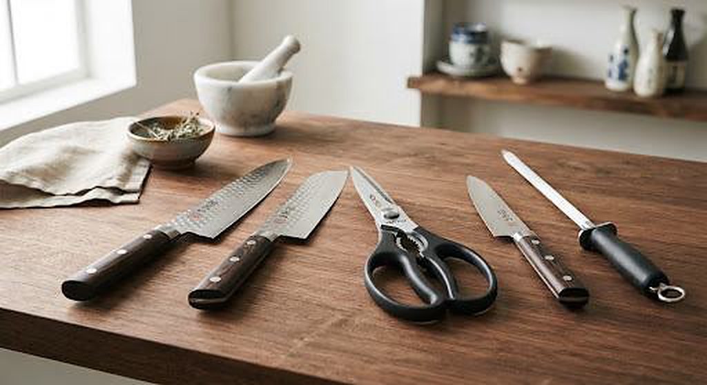 Hocho kitchen knives and shears on a wooden table
