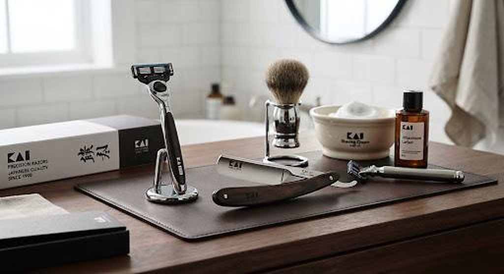 KAI razor, shaving brush and bowl on a bathroom counter