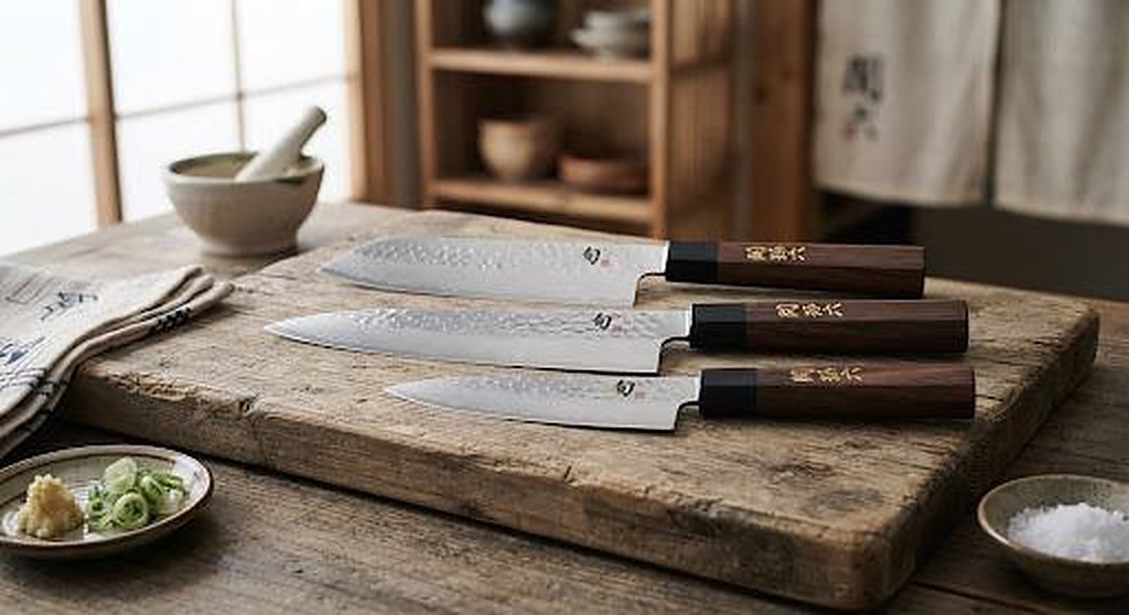 Three Seki Magoroku hammered knives with wooden handles