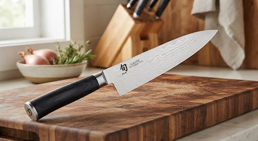 Shun Classic Damascus chef knife on an end-grain board