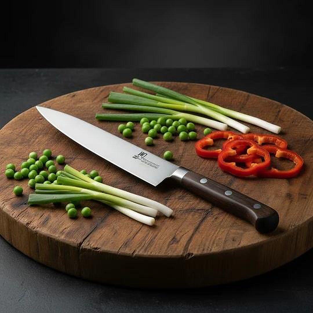 KAI chef knife on a wooden board with fresh vegetables