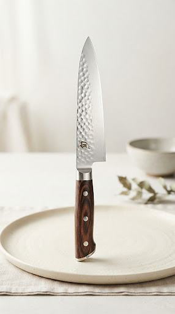 Damascus kitchen knife standing on a plate