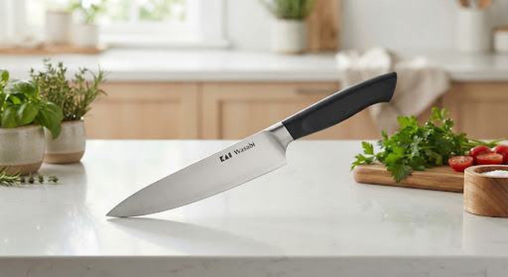 KAI Wasabi knife on a marble kitchen counter