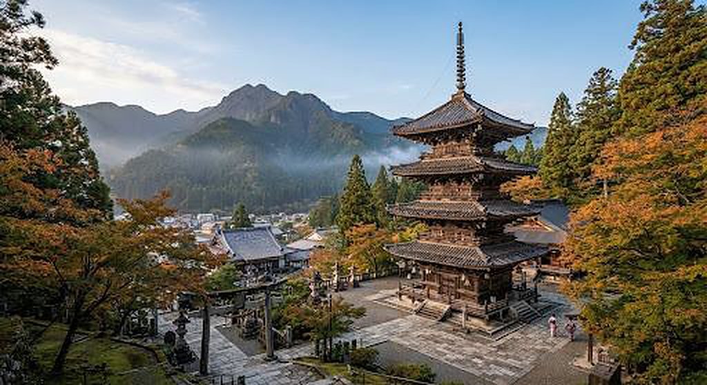 Pagoda and autumn forest in Seki, Japan