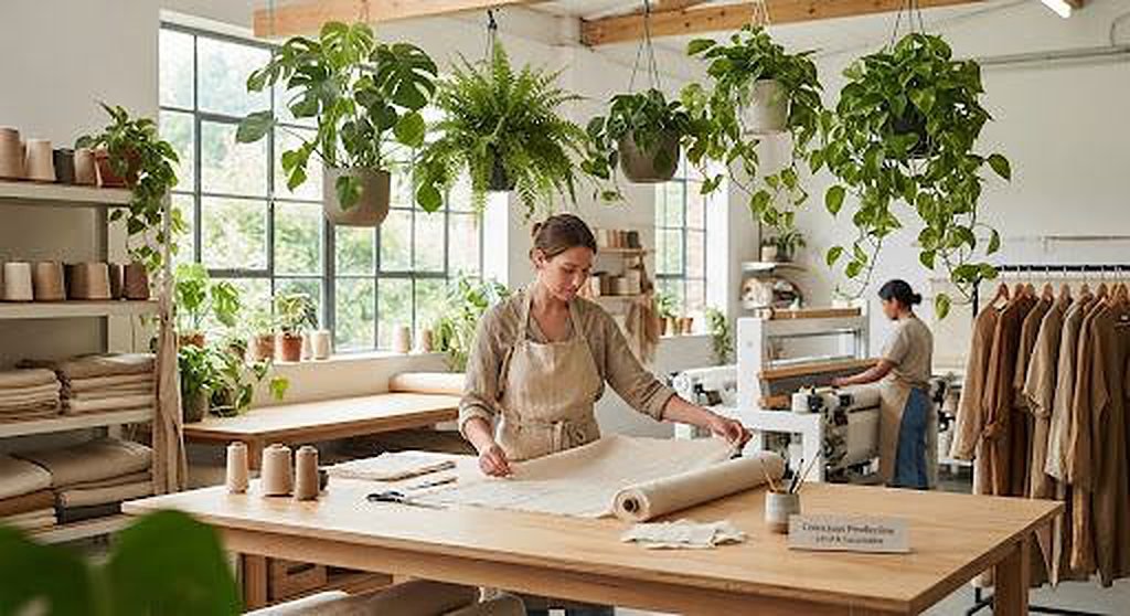Artisans working in a bright, plant-filled workshop