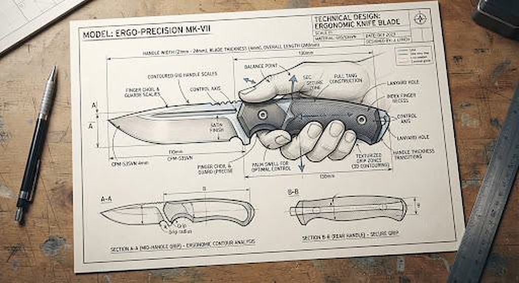 Technical drawing of an ergonomic knife design