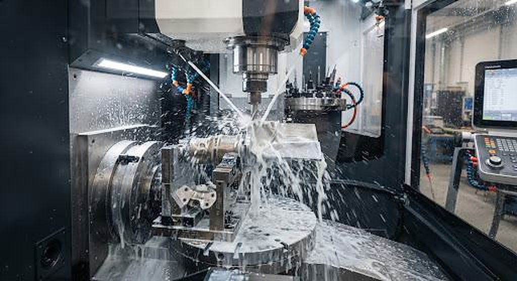 CNC milling machine cutting steel with coolant spray