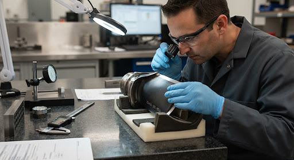 Quality inspector examining a component through a loupe