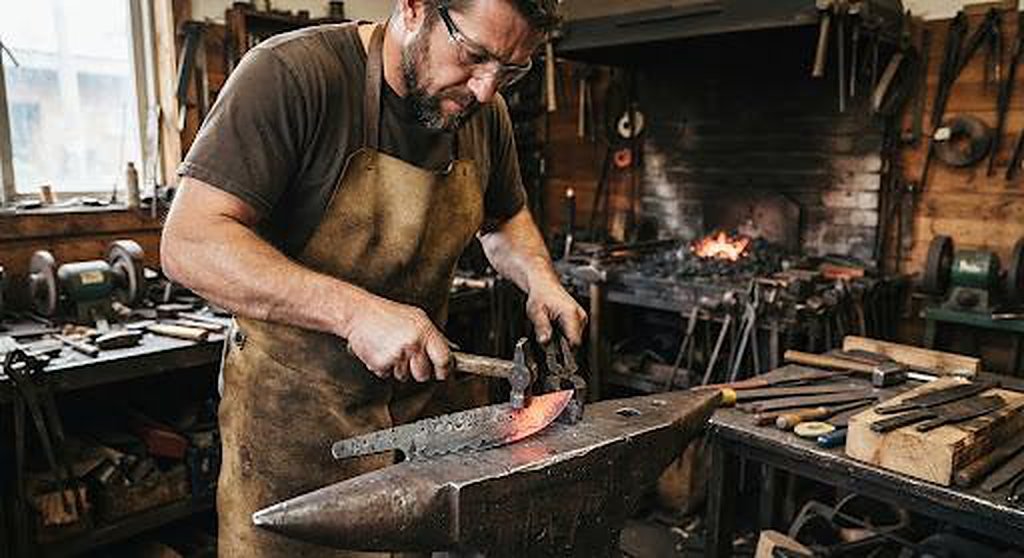 Blacksmith hammering a blade at the forge