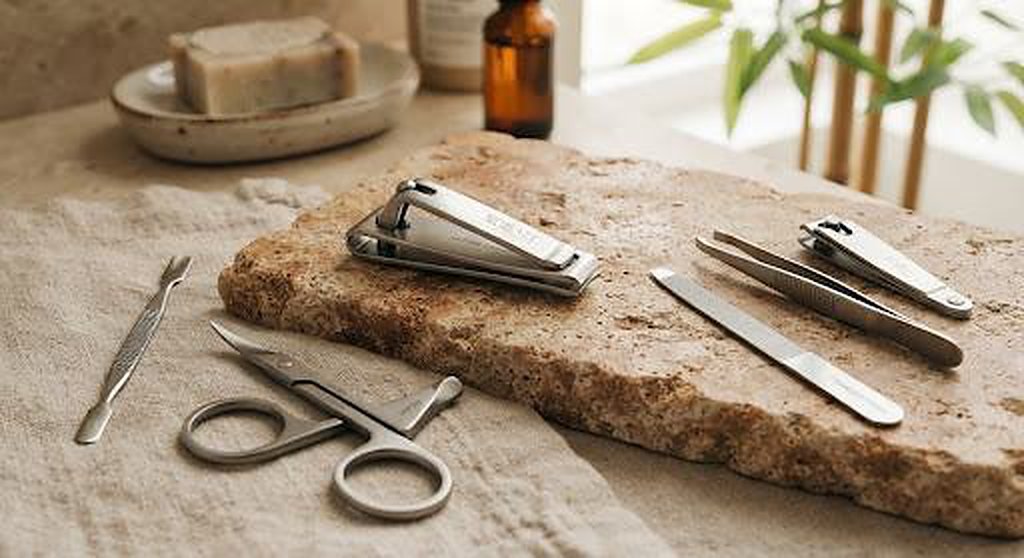 KAI nail clippers and grooming scissors on a stone slab